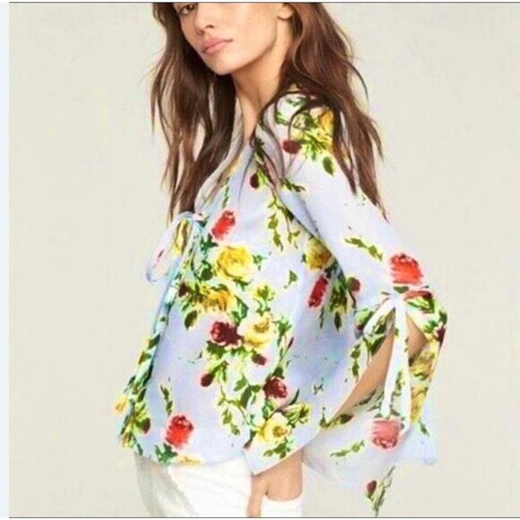 Milly Maggie Rose Print 100% Silk Bell Sleeve Lightweight Blouse - Picture 2 of 16